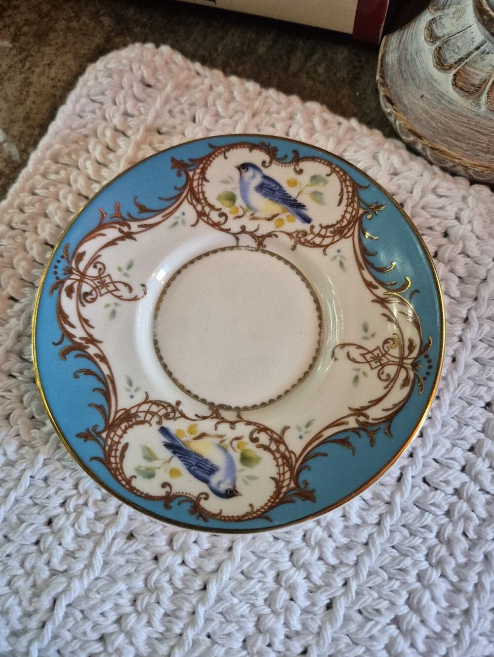Vtg Gracie China Coastline Imports Teacup & Saucer Gold Scroll Blue Bird Pattern